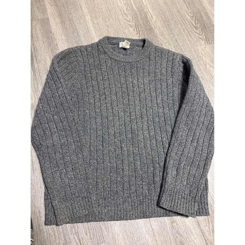 LL Bean Mens Gray 100% Lambs Wool Ribbed Crewneck Sweater 500586 Large Regular